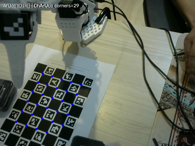 Calibration pose with detected ChArUco corners beneath the robot