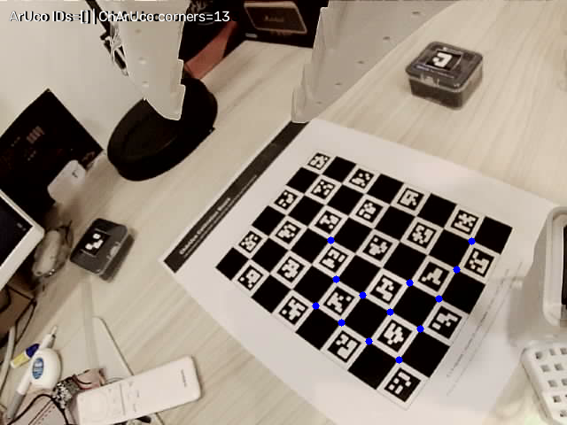 Follower-mounted GC0308 camera view of the work area and ChArUco board
