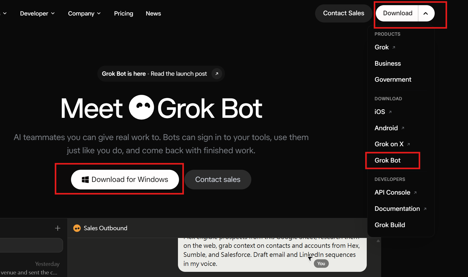x.ai/bot 首頁,紅框標出 Download for Windows 按鈕,以及右上 Download 選單裡的 Grok Bot