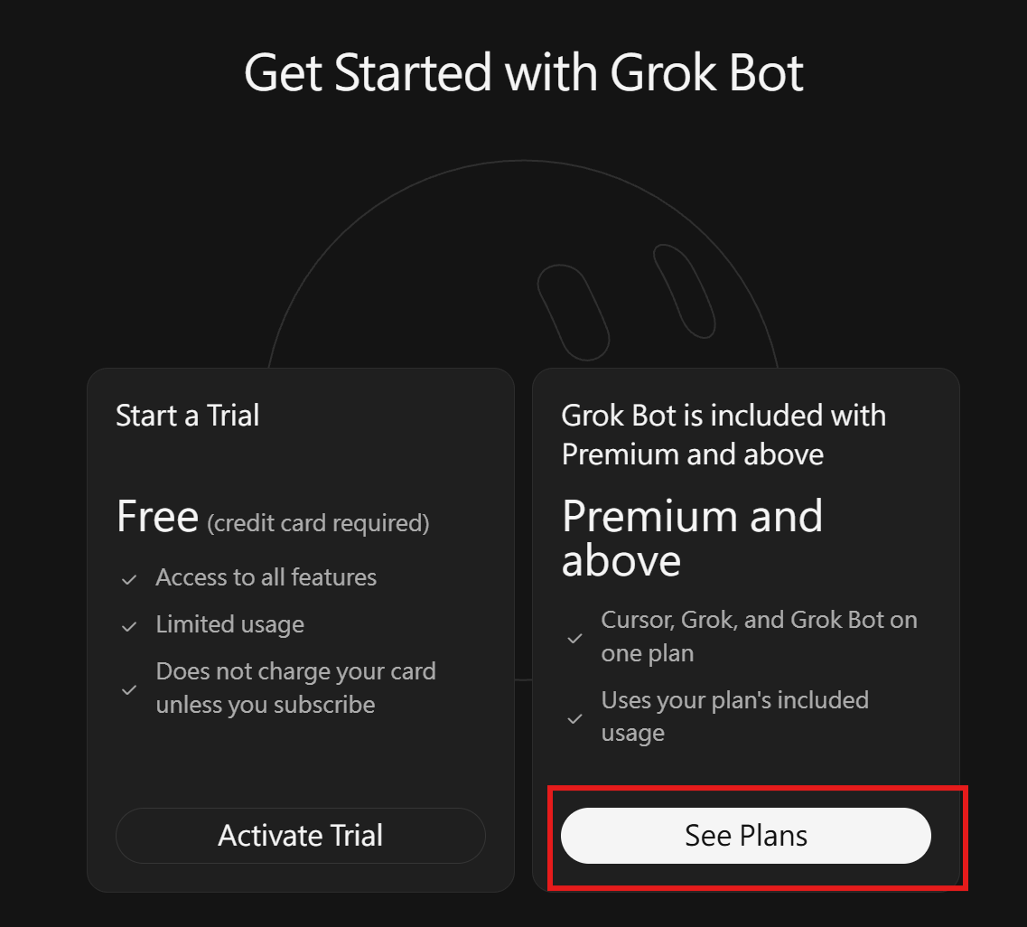 Get Started with Grok Bot 畫面:左邊 Start a Trial,右邊 Premium and above,紅框標出 See Plans