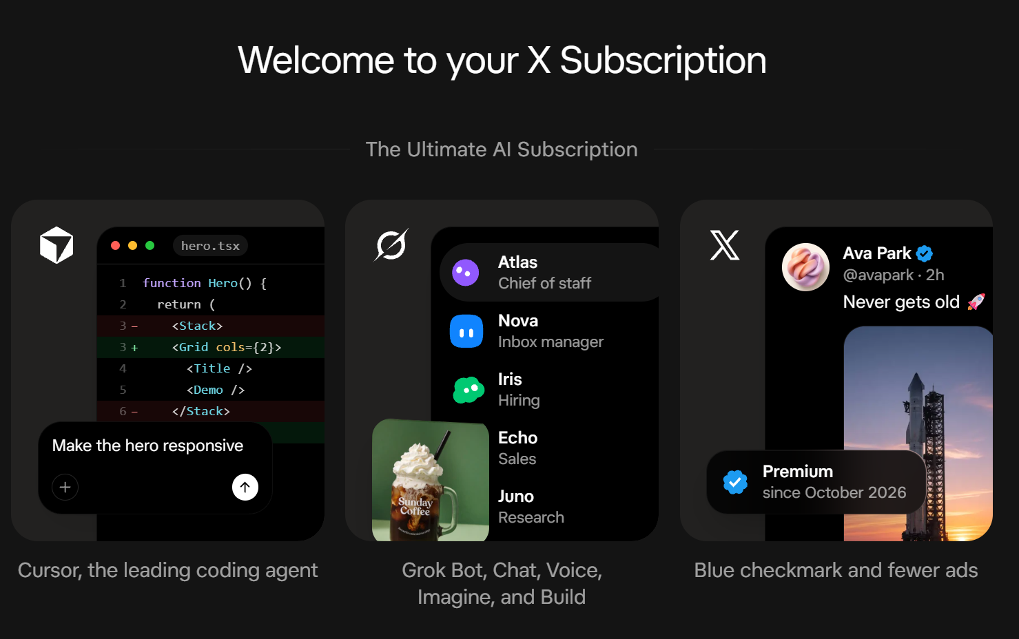 訂閱成功後的 Welcome to your X Subscription 畫面,列出 Cursor、Grok Bot 與 X 的權益