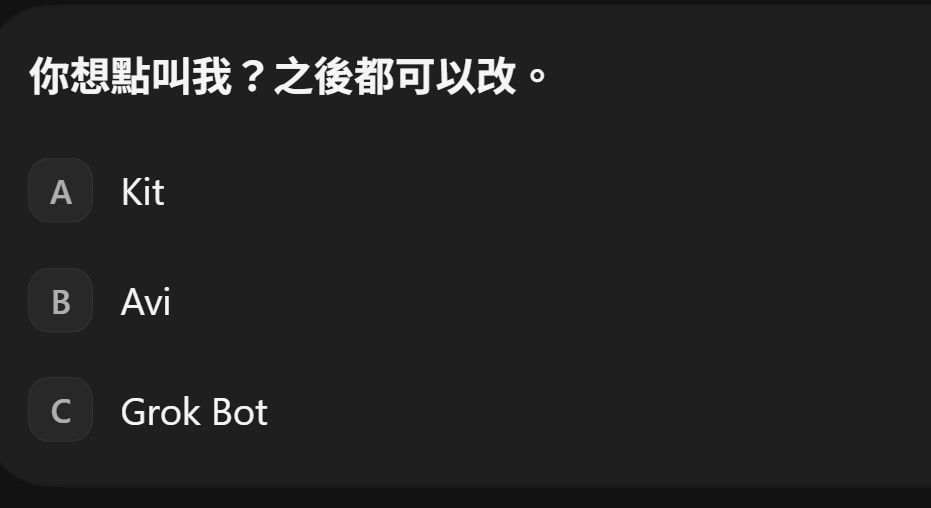 導覽問「你想點叫我?之後都可以改。」,選項有 Kit、Avi、Grok Bot